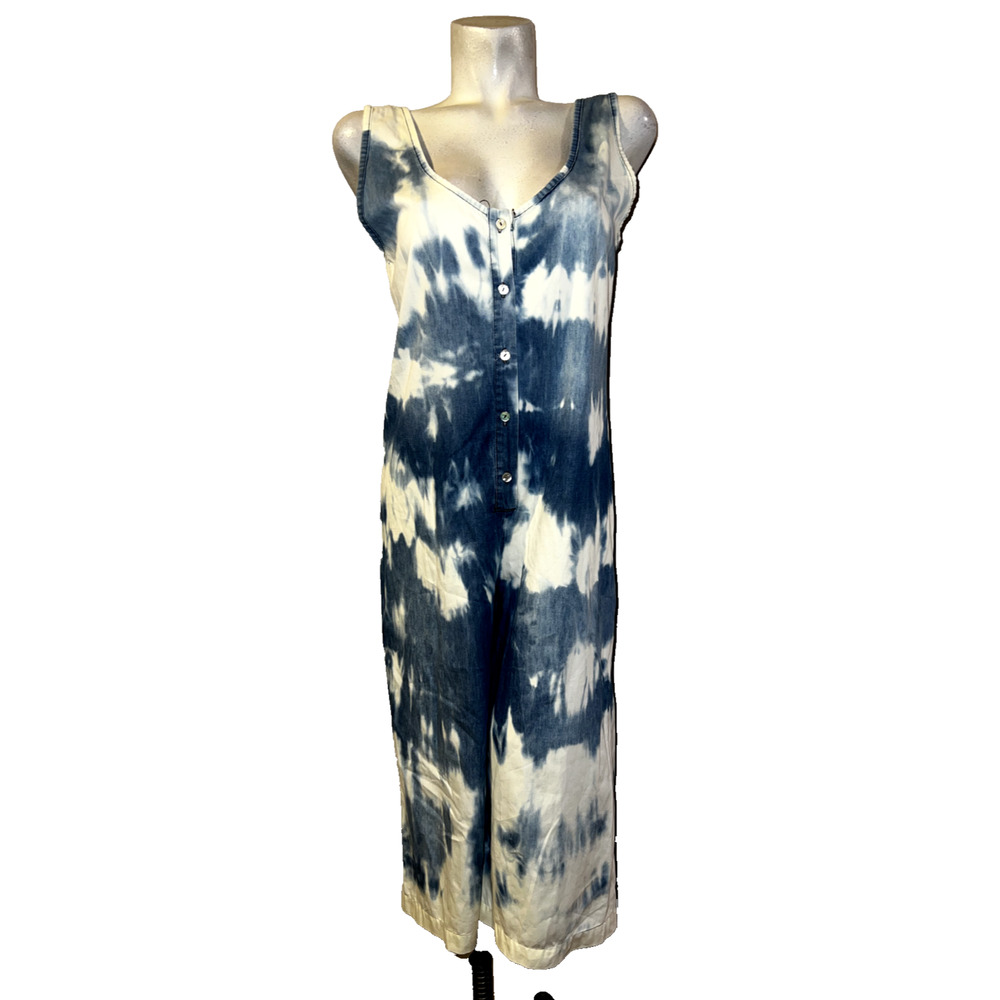 SUSY MIX Outfit‎ Size M Blue Tie Dye Double V Straight Cropped Leg Button Romper